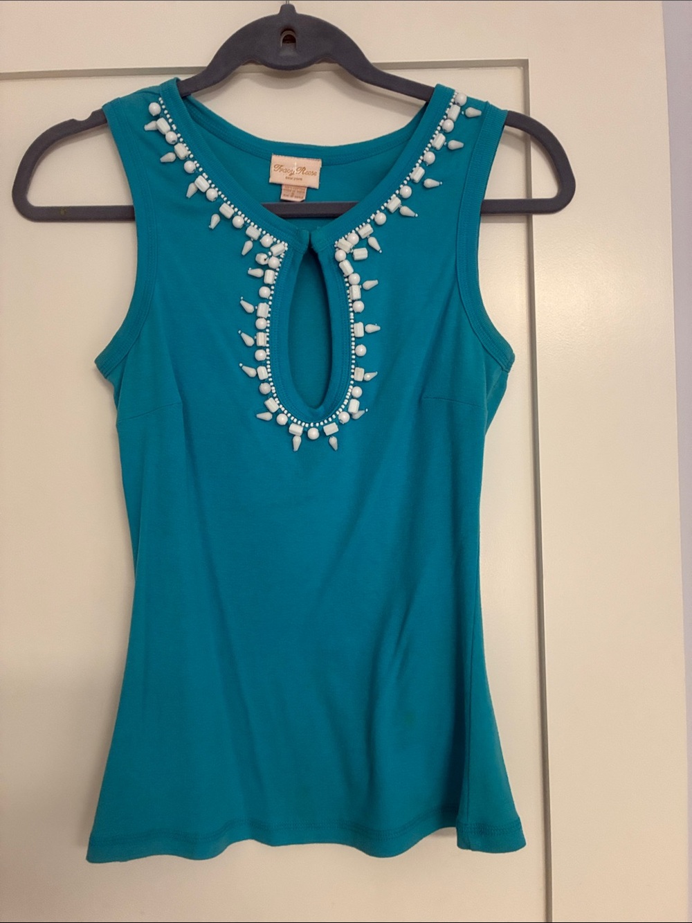 Tracy Reese Teal Embellished Keyhole Tank